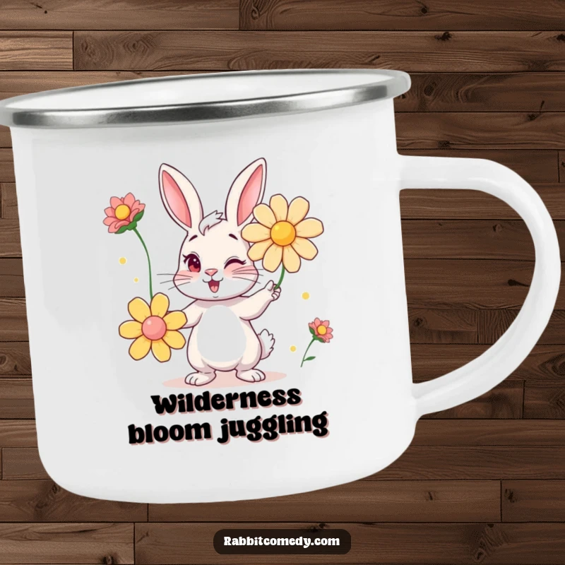 Funny camping mug with a mischievous winking rabbit juggling vibrant flowers, perfect for enjoying drinks outdoors with a laugh.