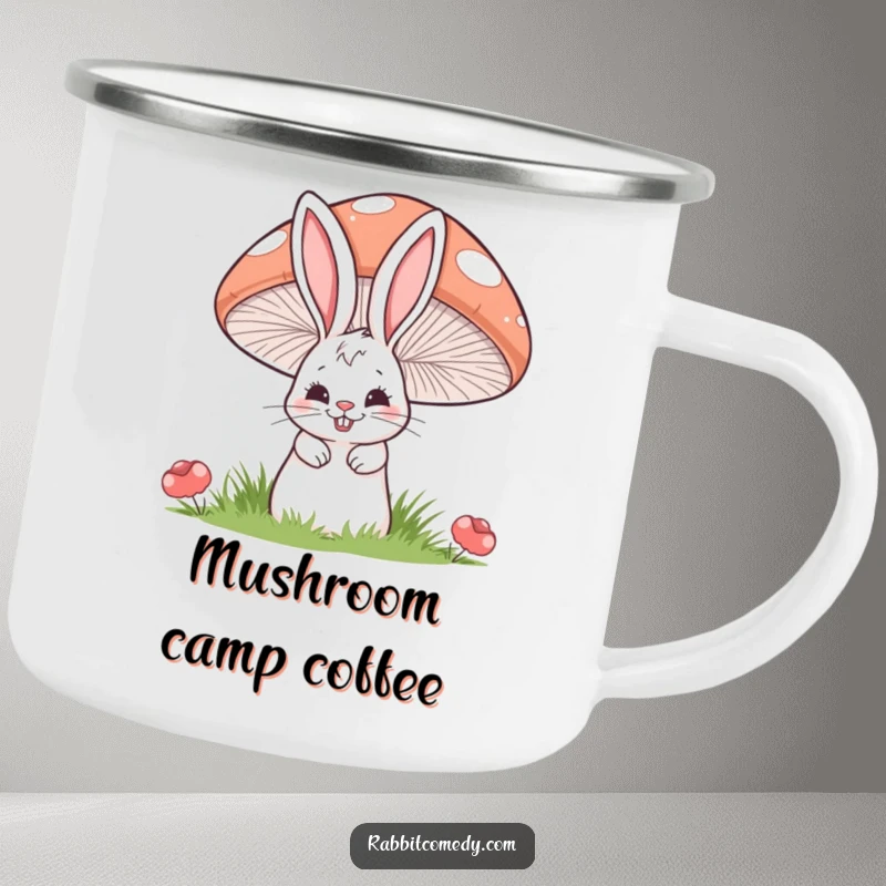 Funny camping mug showing a cartoon rabbit with a mischievous grin peeking from behind a large, striped mushroom.