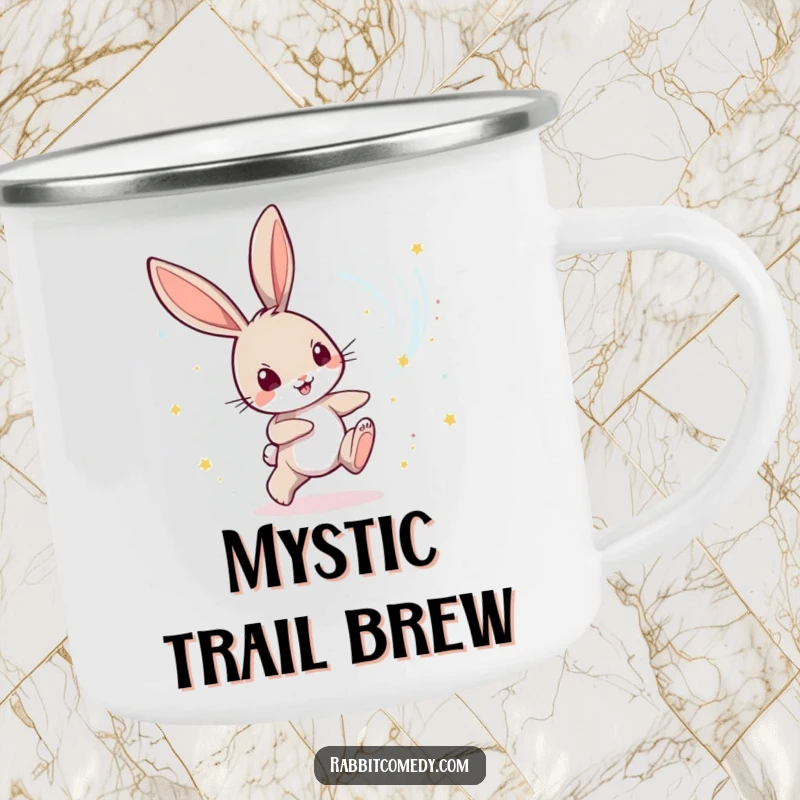Funny Rabbit Camping Mug: A playful rabbit character chases a swirling vortex of magical dust, perfect for enchanted adventures.