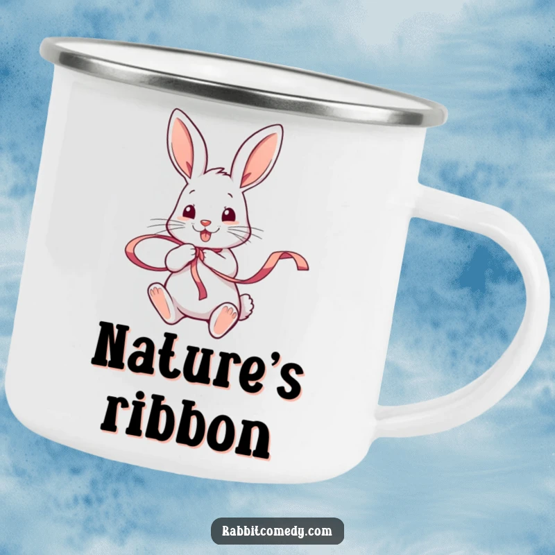 Funny rabbit character twirling a colorful ribbon with its paws on an enamel camping mug, for joyful outdoor use