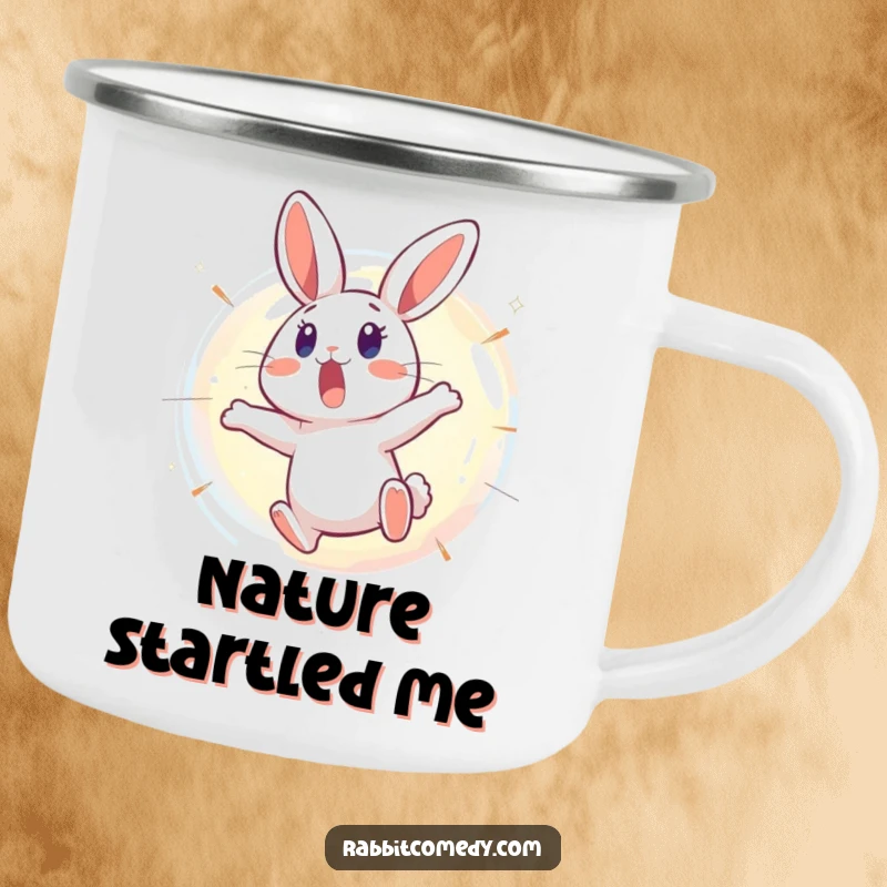 Funny Rabbit Camping Mug: A surprised rabbit leaps backward from a bursting, shimmering bubble, perfect for outdoor enjoyment and humorous moments.