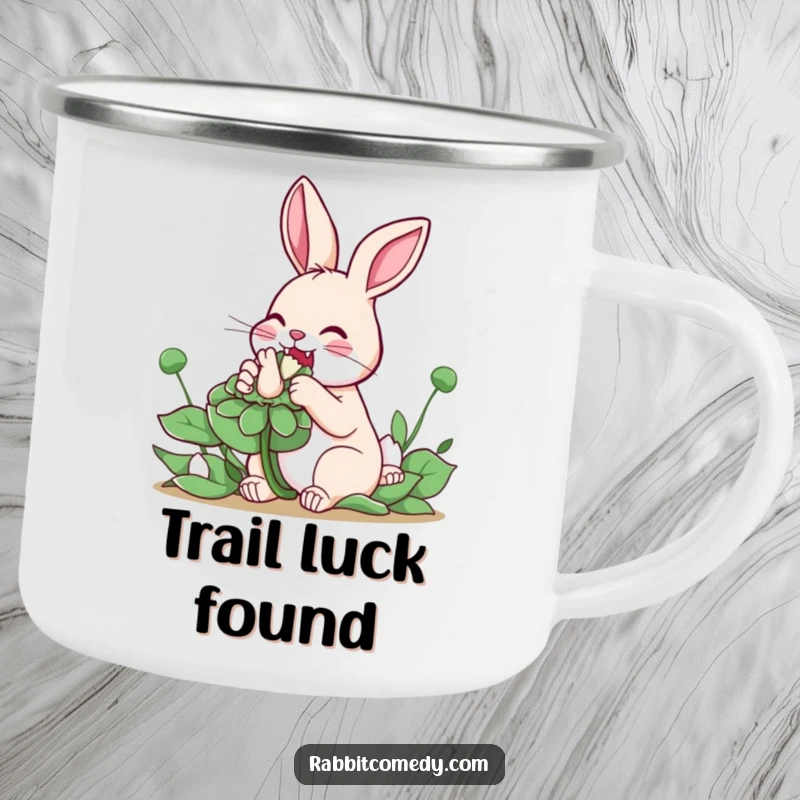 Funny Rabbit Clover Camping Mug: A durable mug shows a rabbit enthusiastically eating a giant clover, perfect for outdoor adventures and luck.