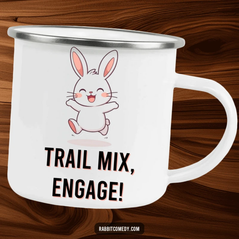 Funny rabbit camping mug showing a happy bunny, ears high, joyfully hopping, ready for outdoor adventures with a smile.