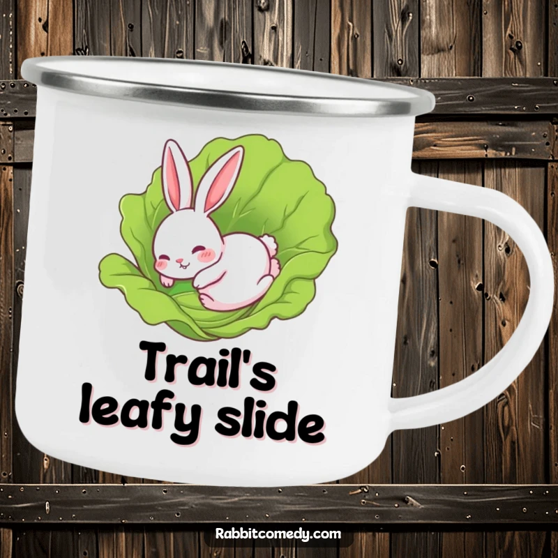 Funny Rabbit Camping Mug: A rabbit comically sliding on a lettuce leaf, perfect for enjoying drinks outdoors with a smile.