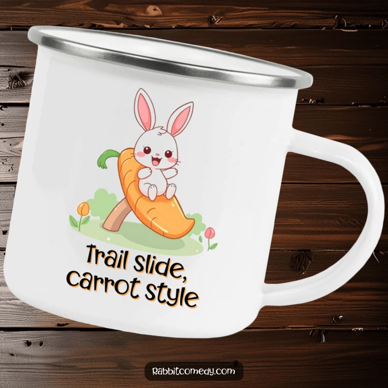 Funny camping mug with a giddy rabbit sliding down a whimsical carrot slide, designed for outdoor fun and laughter.