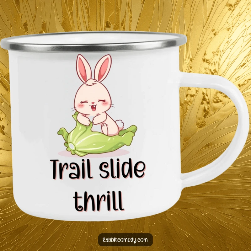 Funny camping mug depicting a rabbit comically sliding on a large, fresh lettuce leaf, adding humor to your outdoor adventures.