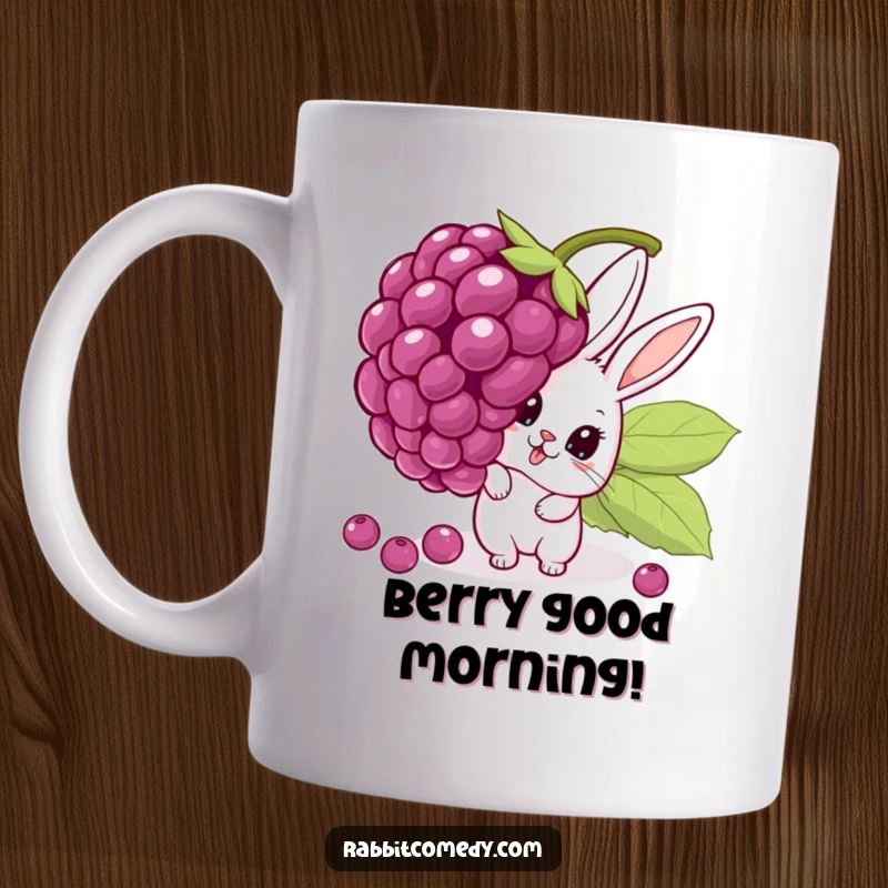 Funny mug with a cartoon rabbit peeking with wide eyes from behind a massive, wobbly berry, conveying surprise and humor.
