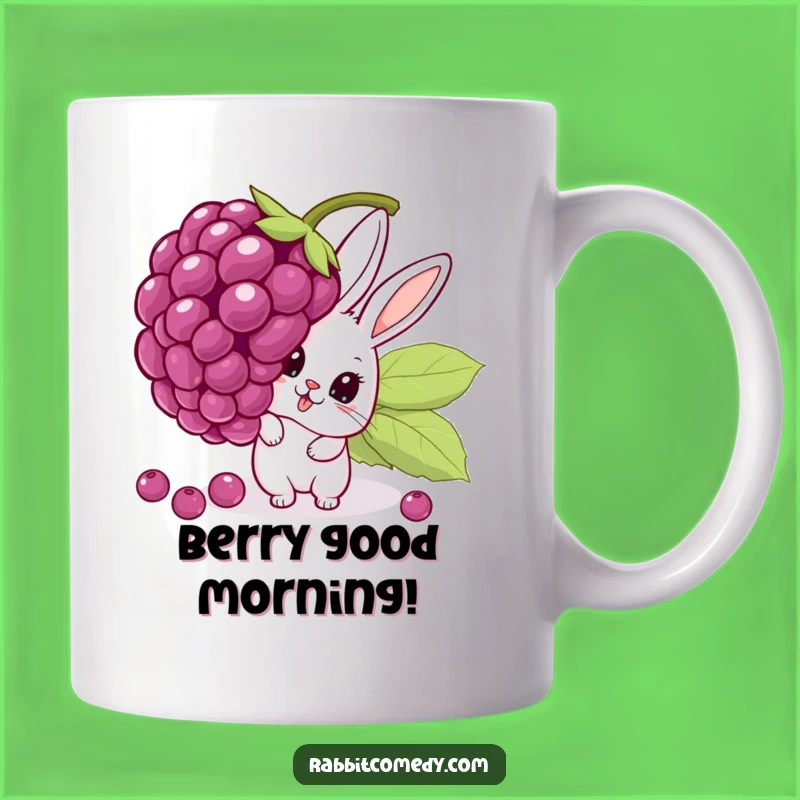 Funny Surprise Rabbit Mug: A Cute Cartoon Character Peeking Behind a Giant Wobbling Berry Gift