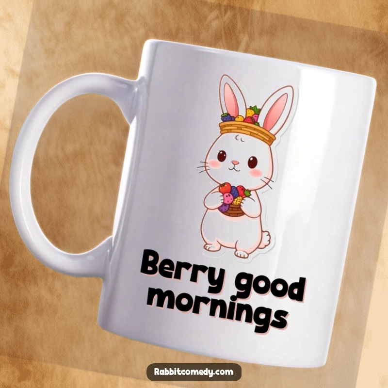 Funny rabbit character balancing a basket full of colorful berries perfectly on its head, showcasing gentle skill