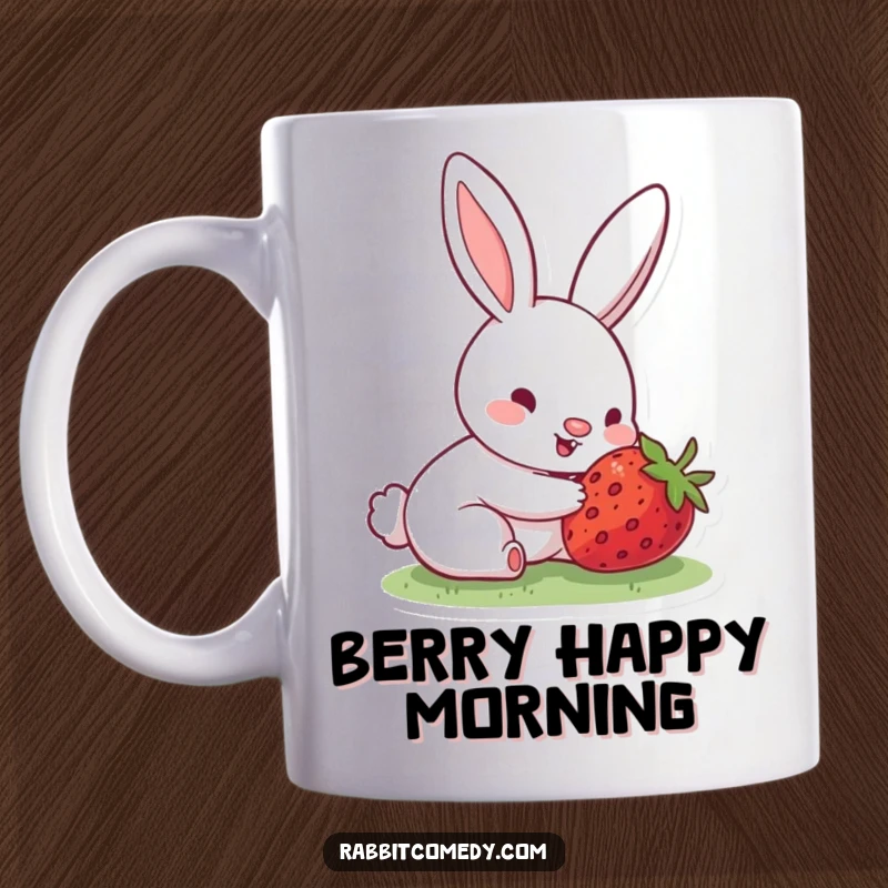 Funny mug showing a rabbit with a happily wiggling nose, eyes sparkling with delight at the discovery of a hidden, juicy strawberry.