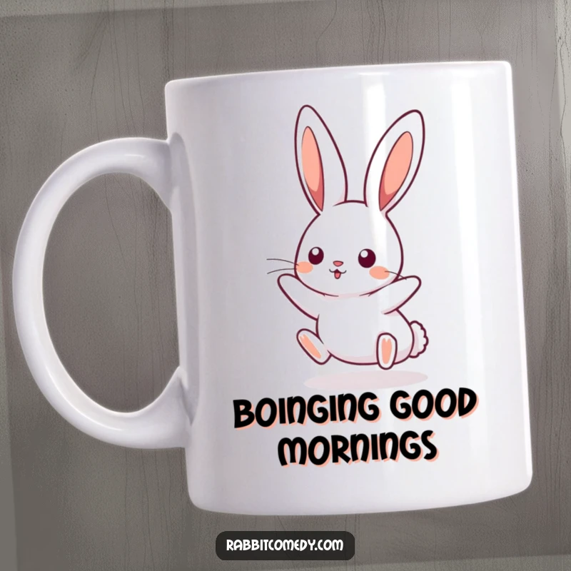 Funny kawaii rabbit mug showing a cute bunny with long ears perked, playfully boinging mid-air with energetic joy. Adorable and funny.