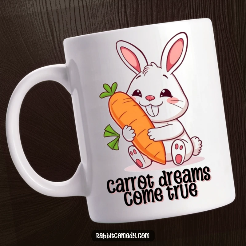 Funny rabbit mug showing a cheerful bunny with a massive grin holding a giant, smiling carrot, celebrating a love for veggies with humor.