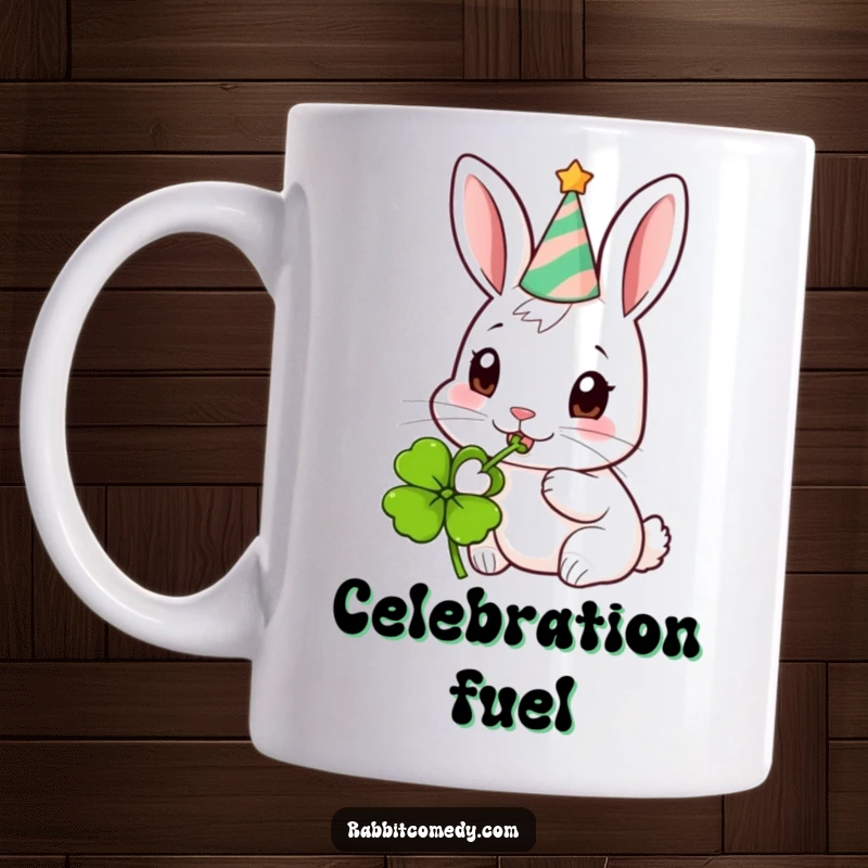 Funny Party Rabbit Clover Mug: A cheerful rabbit in a party hat enthusiastically nibbles on a green clover.