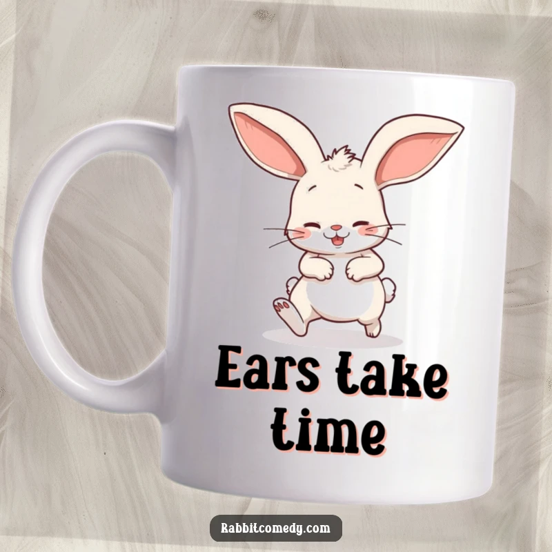 Funny mug showcasing a cartoon rabbit comically stumbling forward, its enormous floppy ears trailing behind, creating a humorous scene.