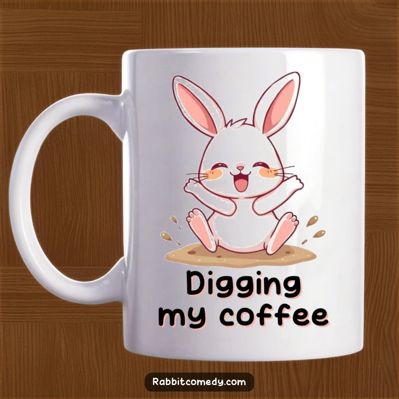 Funny Mug featuring a rabbit character joyfully digging with its hind legs kicking up, showing energetic, playful action.