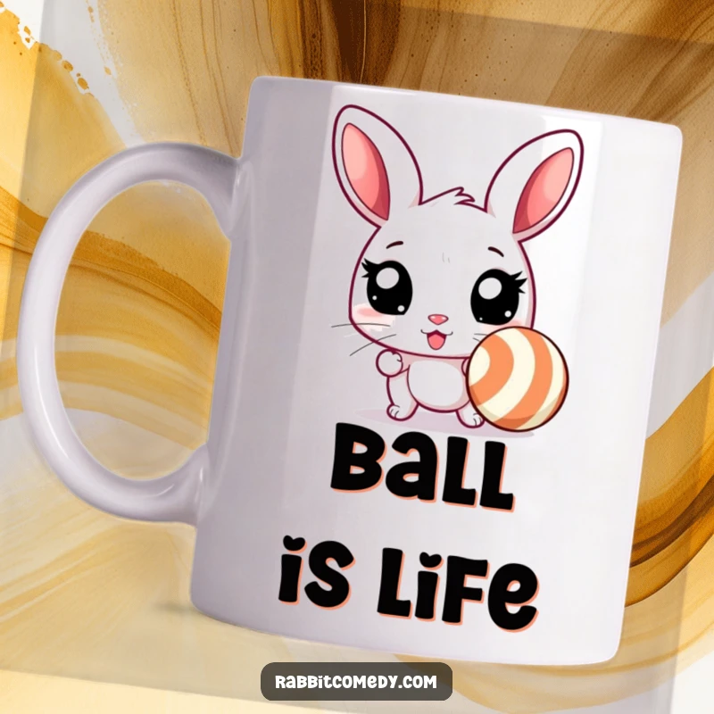 Funny rabbit mug showing a rabbit with wide, excited eyes, eagerly chasing a bouncing, striped ball with humorous determination.