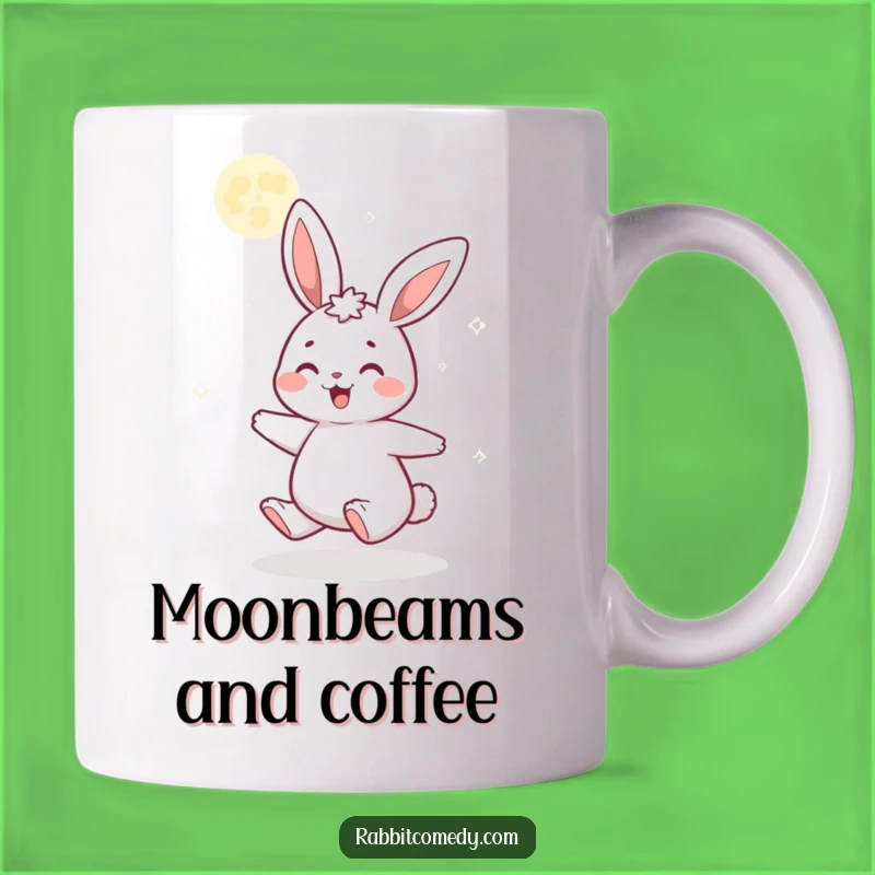 Funny Gleeful Rabbit Mug: Delightful Cartoon Spinning Under Glittering Moon Gift