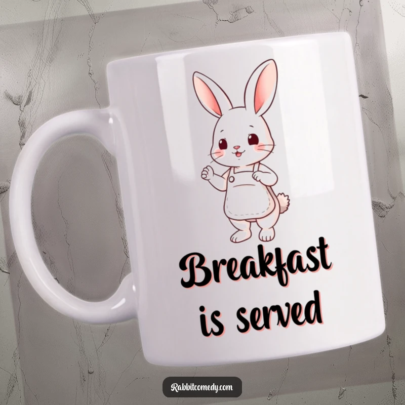 Funny mug with a cute rabbit character wearing a tiny apron, striking a friendly and helpful pose.