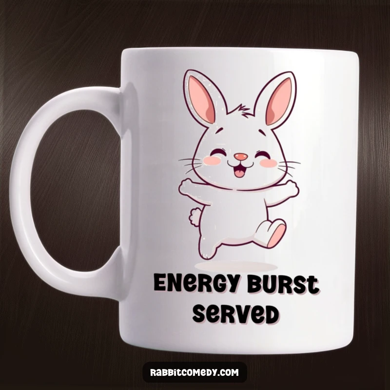 Funny mug showing a rabbit with a twitching nose mid-silly hop, radiating pure, energetic fun.