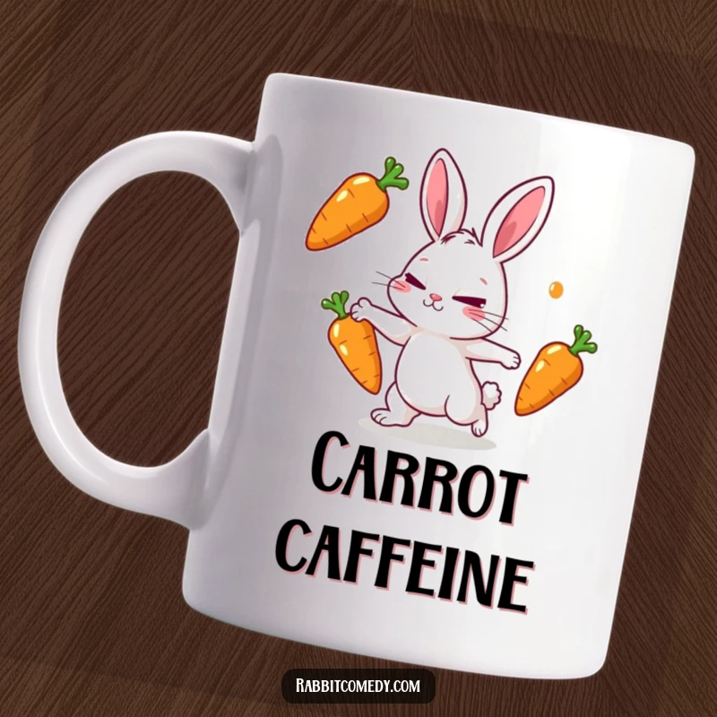 Funny rabbit mug featuring a rabbit character skillfully juggling three shiny carrots with a focused, determined squint.