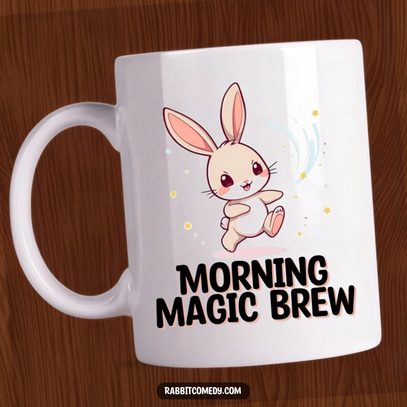 Funny Rabbit Mug: A playful rabbit character chases with delight a swirling vortex of shimmering, magical dust, full of wonder.