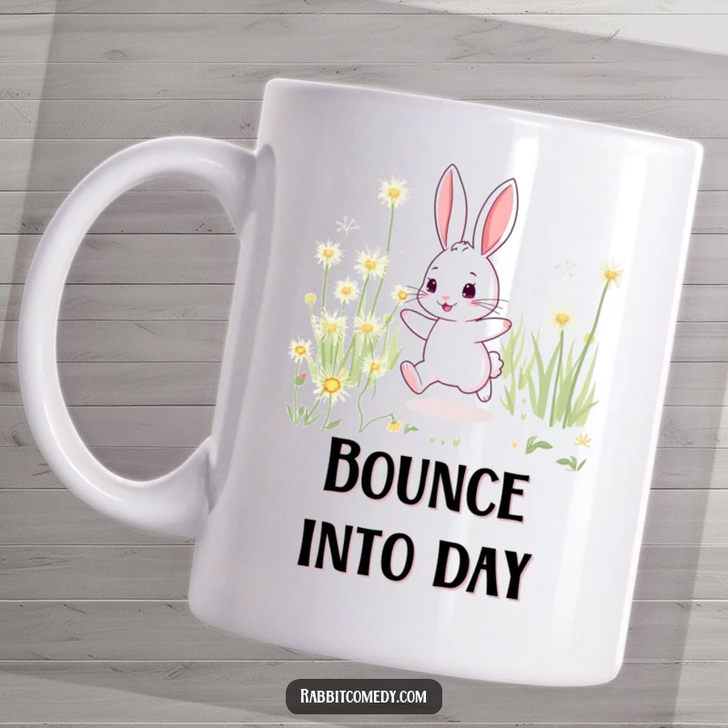 Funny rabbit mug, playfully hopping through a field of giant, sparkling dandelions with a joyful expression.