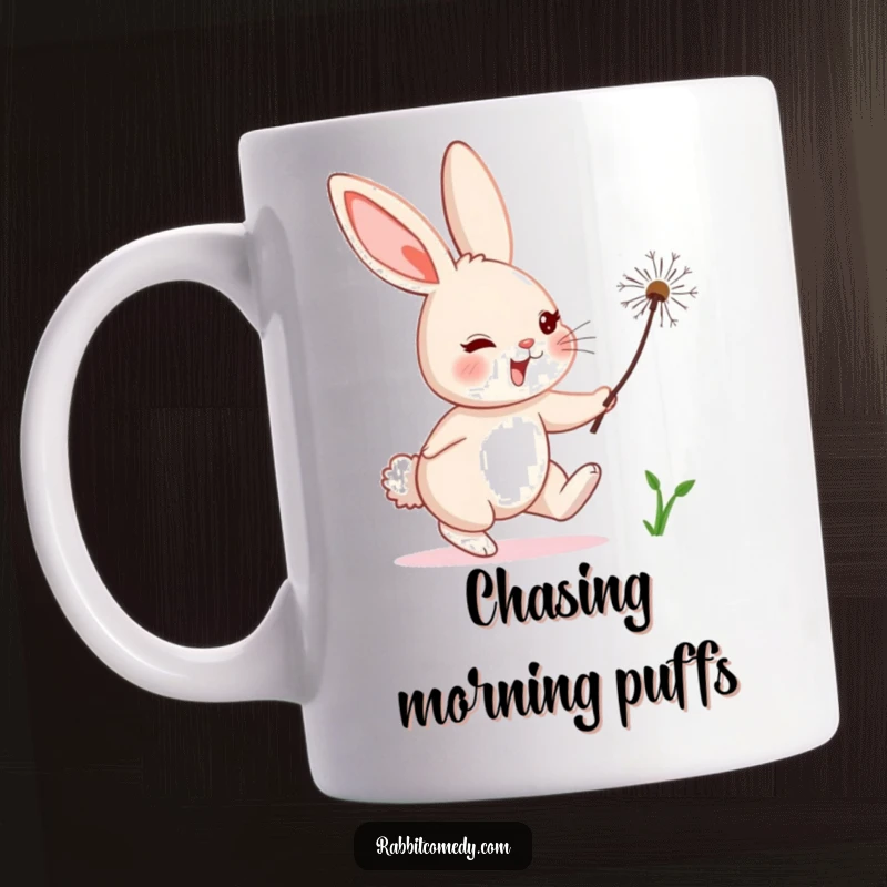 Funny rabbit character comically leaping after a tiny, floating dandelion seed, depicted on a humorous mug.