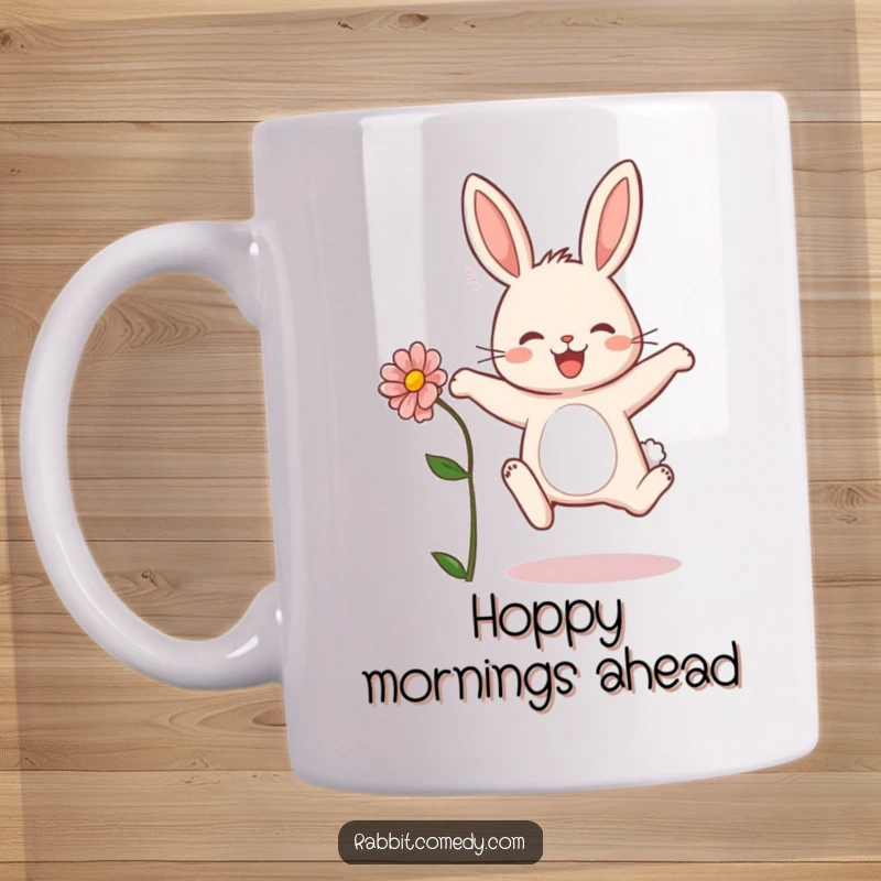 Funny rabbit mug with a cute character joyfully leaping while holding a flower, symbolizing happiness and new beginnings.