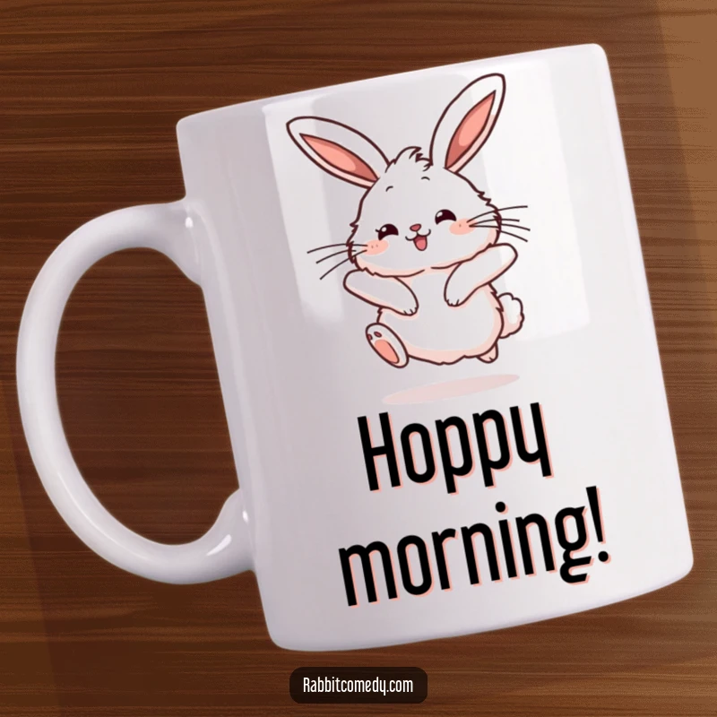 Funny rabbit mug showing a fluffy character mid-hop with joyful bounce and long ears twitching energetically.