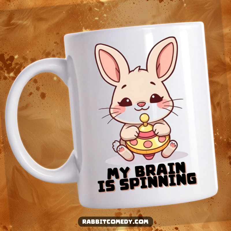 Funny Rabbit Mug: A silly rabbit with a goofy grin joyfully plays with a colorful spinning top, radiating pure amusement.
