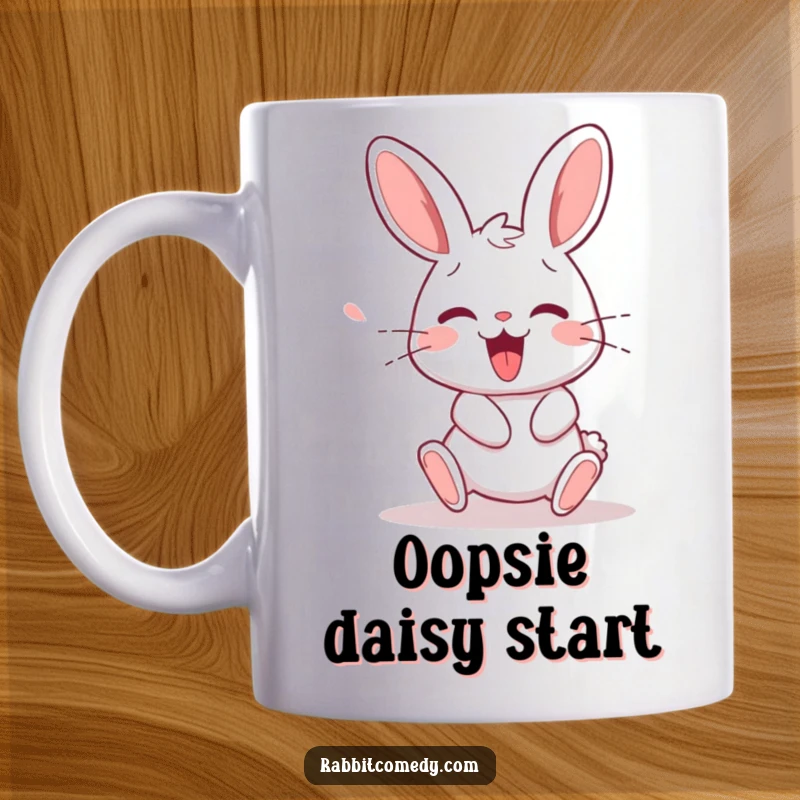 Funny rabbit character tripping slightly but recovering with a joyful squeak, depicted on a mug for relatable humor.