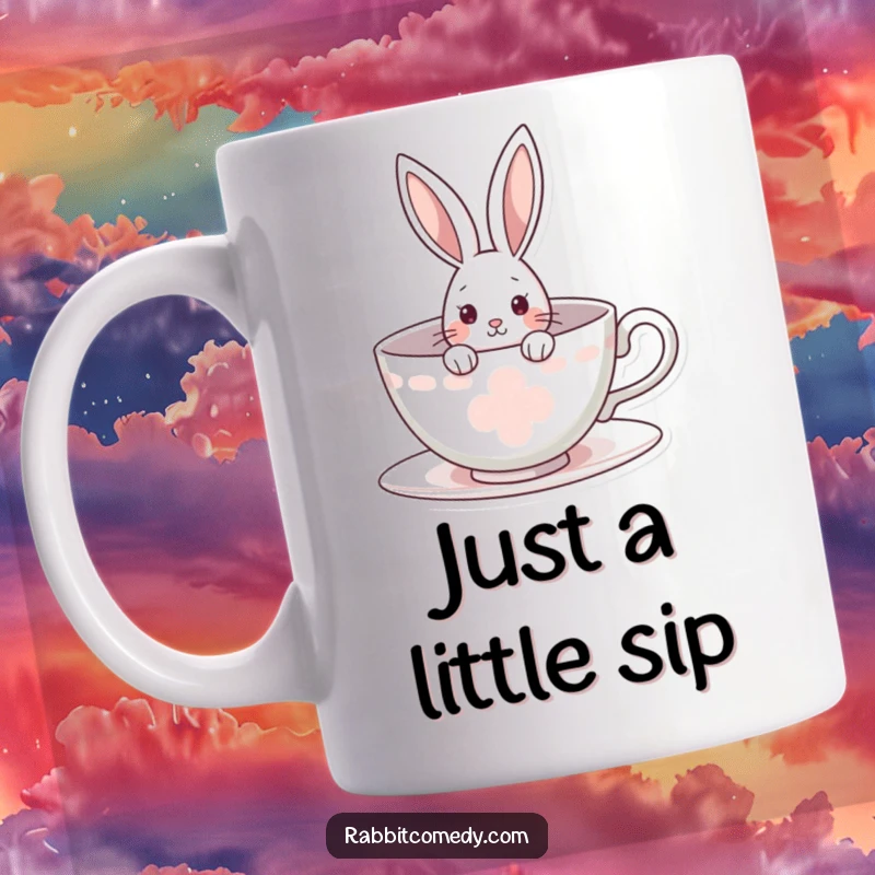 Funny rabbit mug showing a curious bunny peeking with wide eyes from inside a comically oversized teacup, inviting smiles.