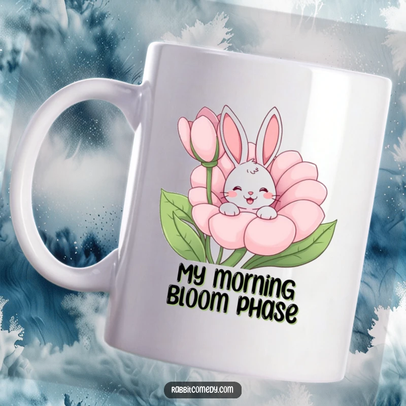 Funny rabbit peeking out of a giant flower with a happy wiggle, cute cartoon illustration, perfect gift for nature lovers.