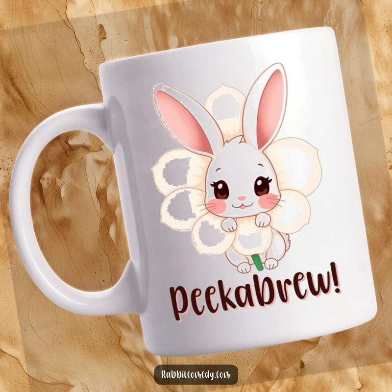 Funny Shy Rabbit Mug: A timid rabbit peeks out from behind a large, vibrant flower, embodying shyness and sweet curiosity.
