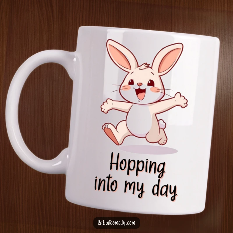 Funny rabbit character mug, depicted mid-air with huge, exaggerated leaps, radiating pure joy and energetic bouncing motion.