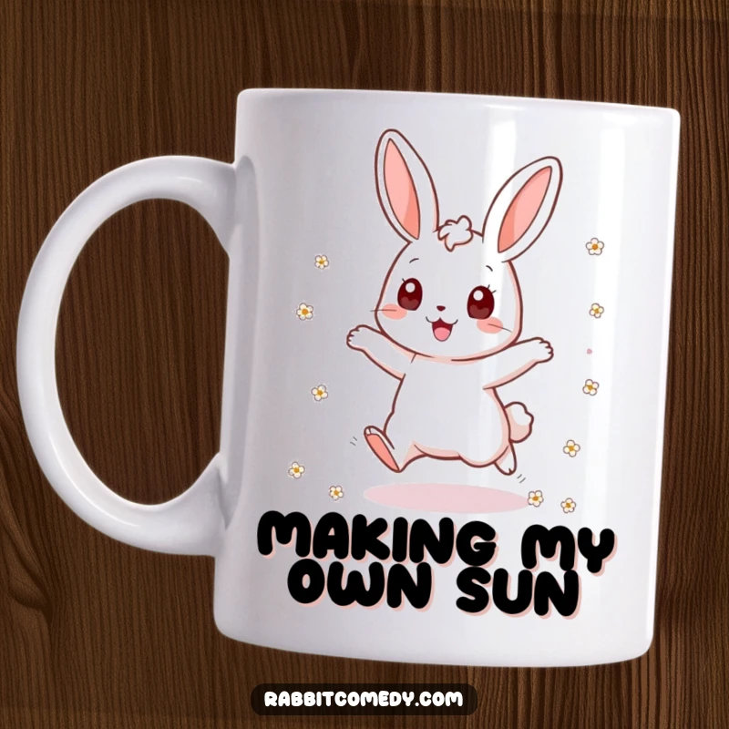 Funny rabbit mug showing an ecstatic bunny jumping repeatedly, scattering tiny colorful flowers with sheer excitement and playful energy.