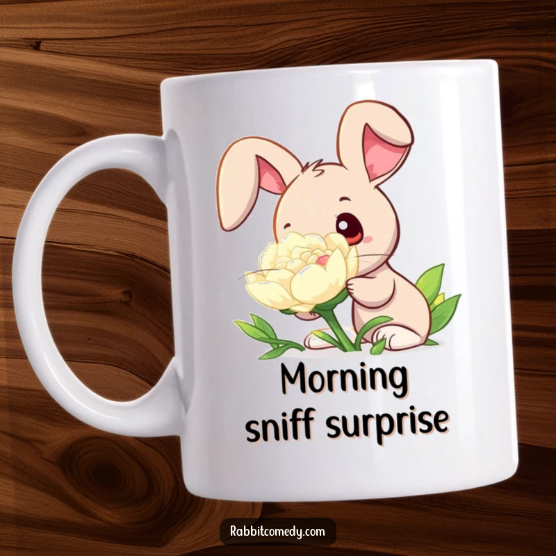 Funny mug featuring a rabbit with wide, curious eyes sniffing a giant, dew-kissed clover, embodying gentle fascination.