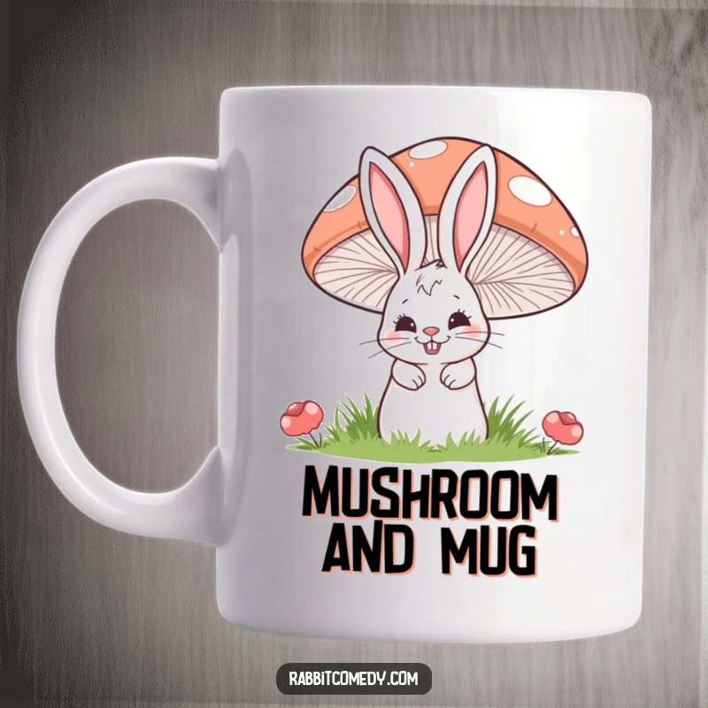 Funny mug of a cartoon rabbit with a mischievous grin peeking from behind a large, colorful striped mushroom.