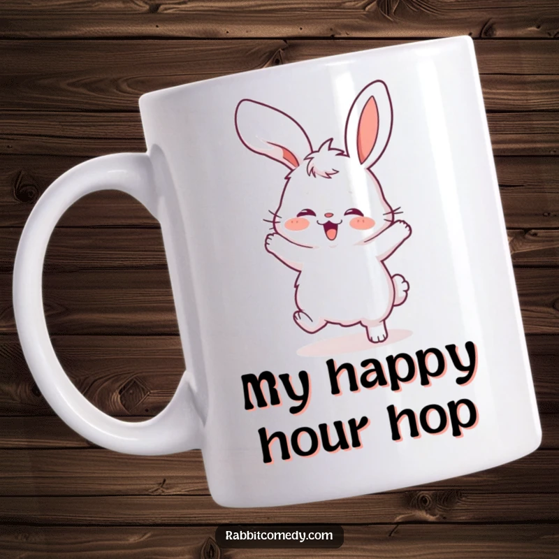 Funny mug with a fluffy rabbit doing a wild, joyful dance, its ears flopping comically, spreading pure delight.