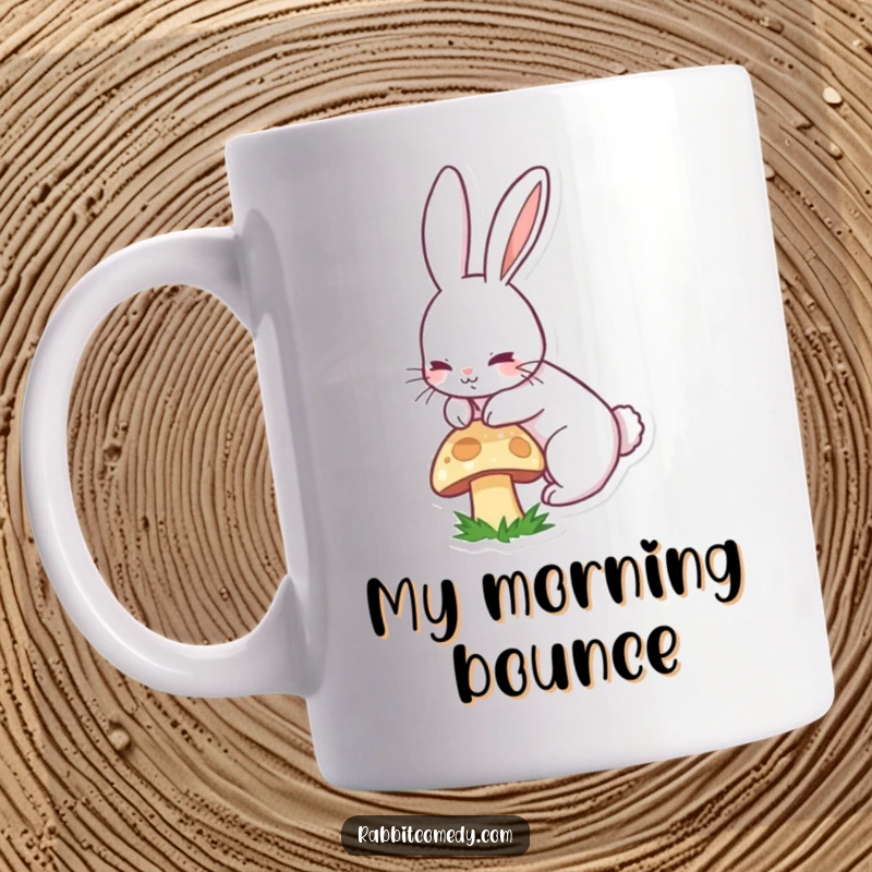 Funny mug with long-eared rabbit playfully boinging over a tiny mushroom, showcasing energetic whimsy and a joyful spirit.