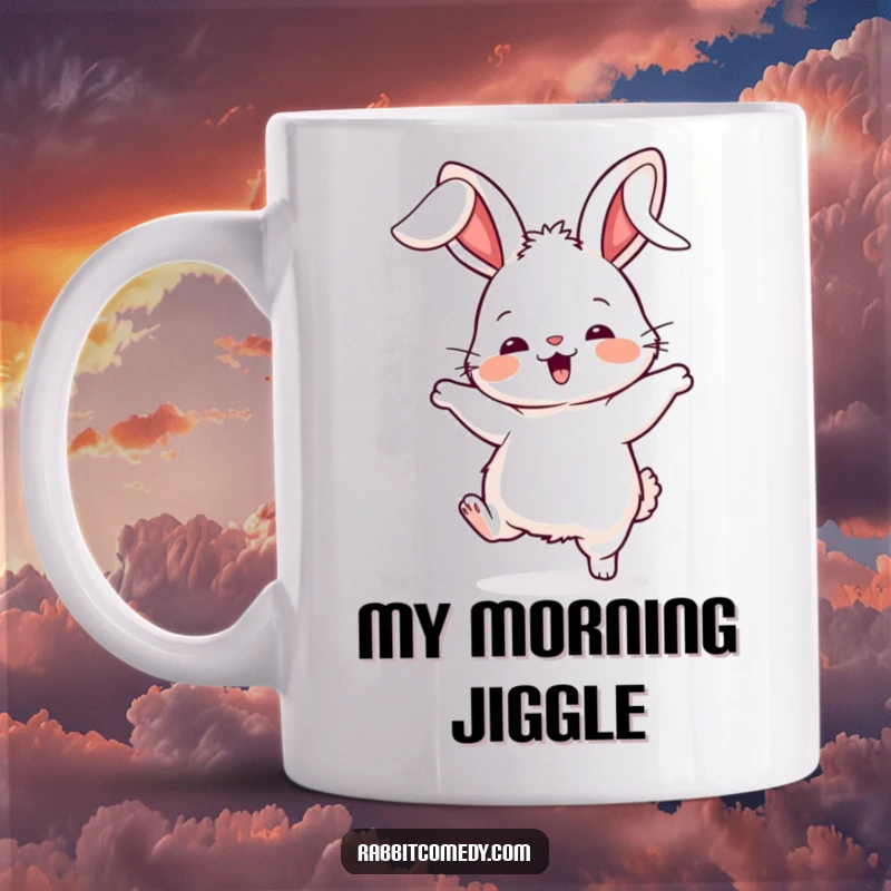 Funny fluffy rabbit character mug, shown mid-dance with its ears flopping wildly, conveying pure, uninhibited silliness.