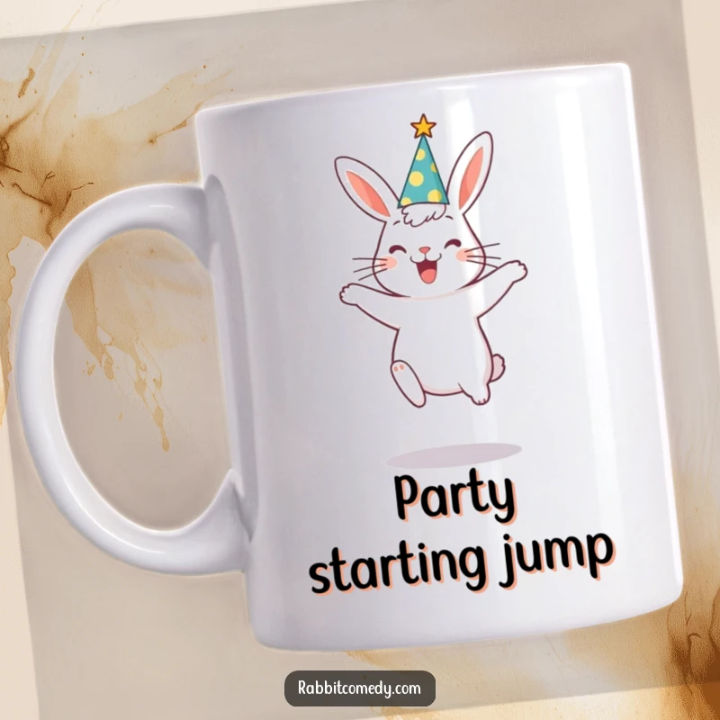 Funny rabbit wearing a party hat, leaping joyfully with a silly expression, captured on a celebratory mug.