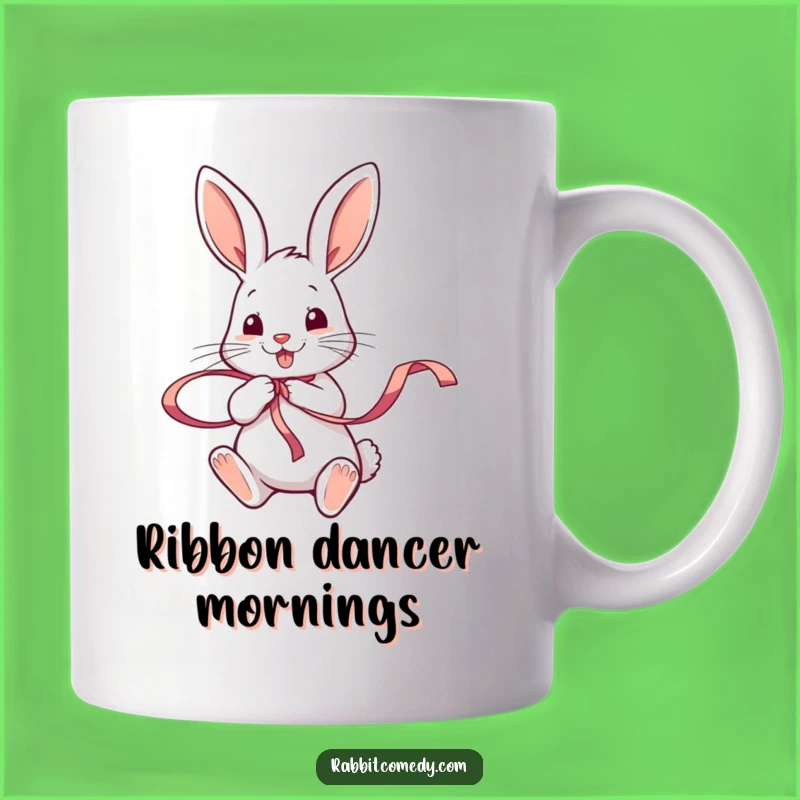 Funny Rabbit Ribbon Twirling Mug: Joyful Animal Act Gift for Enthusiasts