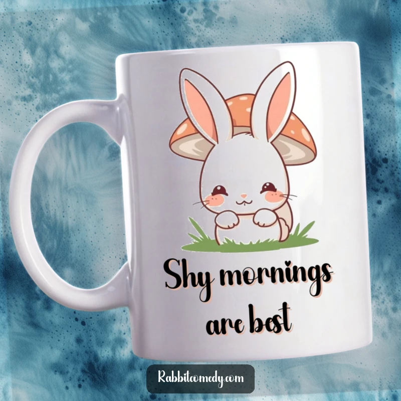 Funny shy rabbit mug featuring a cute bunny hiding behind a mushroom with a sweet, bashful smile.