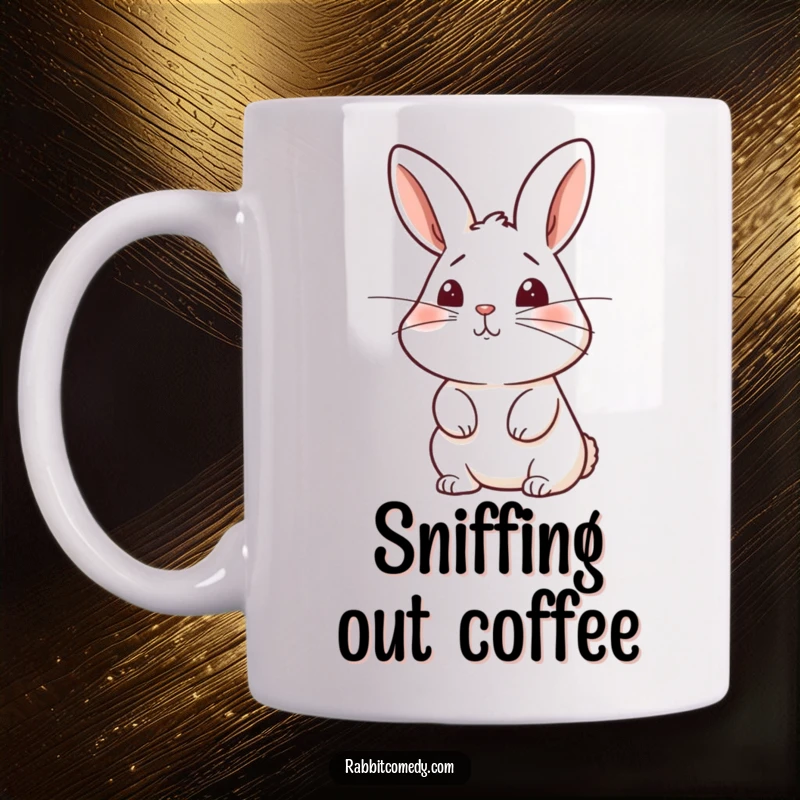 Funny rabbit mug featuring a cute character with twitching whiskers, sniffing the air with curiosity and delight.
