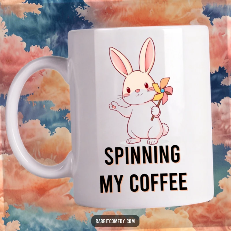 Funny Balancing Rabbit Pinwheel Mug: A cute rabbit with one paw up, skillfully balancing a colorful spinning pinwheel.