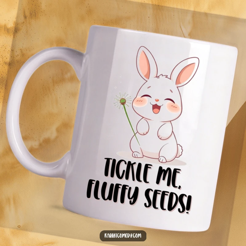 Funny rabbit mug, a soft bunny giggling uncontrollably as a fluffy dandelion puff tickles its nose, pure joy depicted.