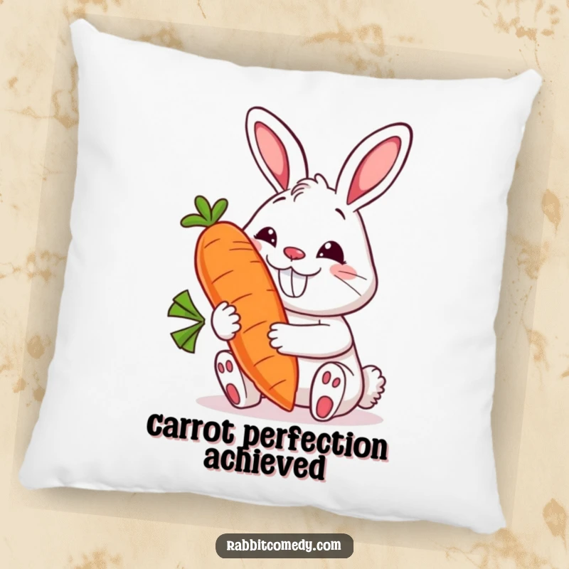 Funny rabbit pillow featuring a grinning bunny holding a giant, smiling carrot, offering soft, adorable comfort with a humorous veggie theme.