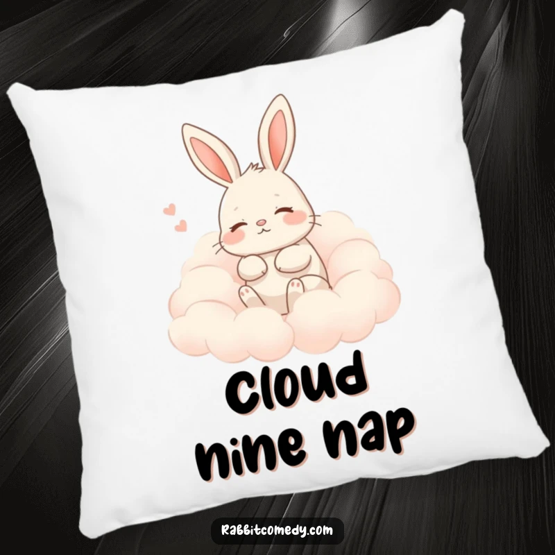 Funny rabbit pillow featuring a rabbit contentedly sighing while nestled in fluffy clouds, providing humorous comfort.