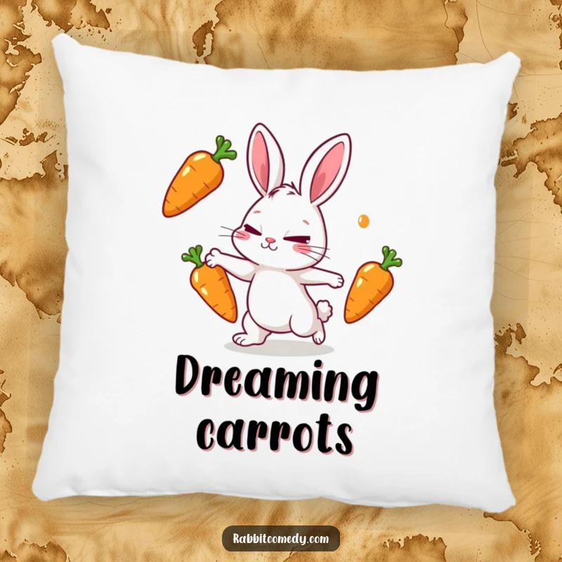 Funny rabbit pillow with a rabbit character intently juggling three shiny carrots, eyes narrowed in determination.